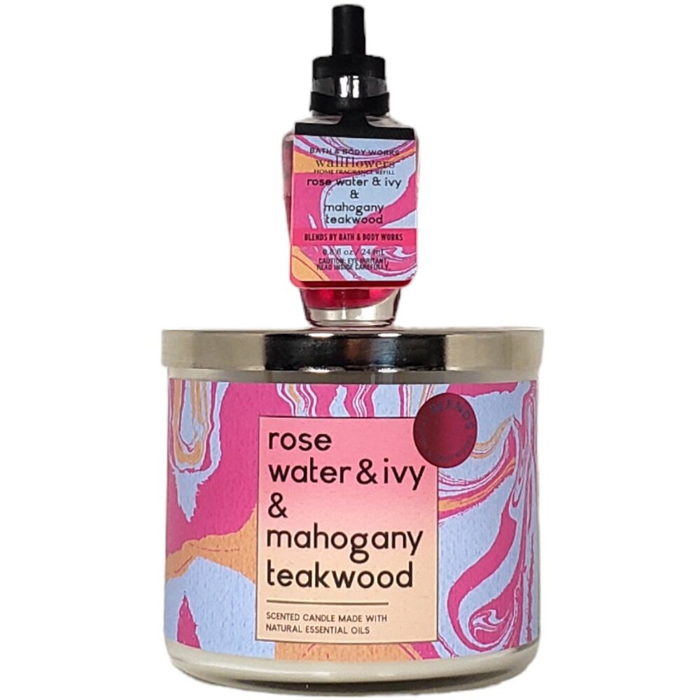 ROSE WATER IVY & MAHOGANY TEAKWOOD 3 Wick Candle & Wallflower Set - Picture 1 of 4